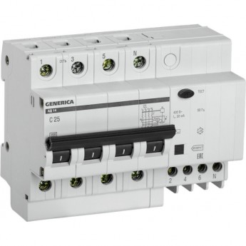 Дифференциальный автоматический выключатель IEK АД14 4Р 25А 30мА GENERICA - MAD15-4-025-C-030 Дифференциальный автоматический выключатель IEK АД14 4Р 25А 30мА GENERICA - MAD15-4-025-C-030
