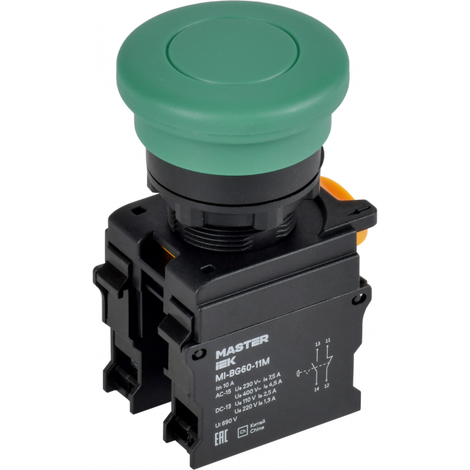 Кнопка IEK MASTER MI-BG60-11M-3-21-K06 "Грибок" без фиксации d=22мм 1NO+1NC зелёная MI-BG60-11M-3-21-K6