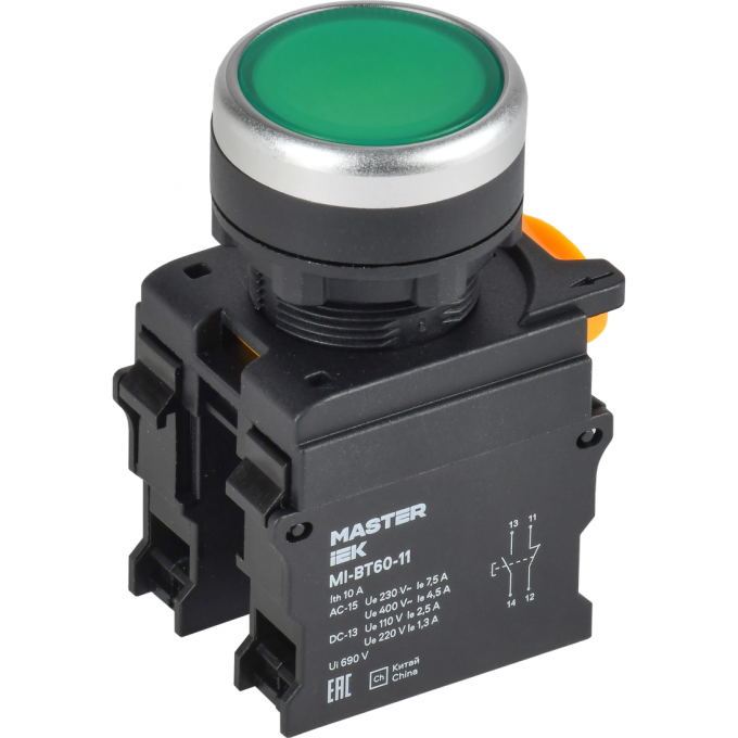 Кнопка IEK MASTER MI-BT60-11-3-22-K06 d=22мм 1NO+1NC зелёная MI-BT60-11-3-222-K06