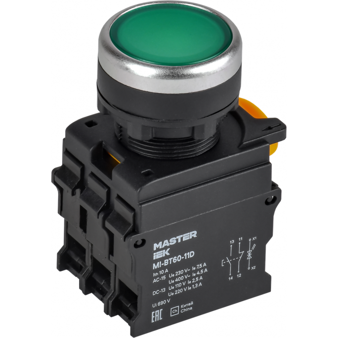 Кнопка с подсветкой IEK MASTER MI-BT60-11D-3-12-K06 d=22мм 1NO+1NC зелёная MI-BT60-11D-33-12-K06